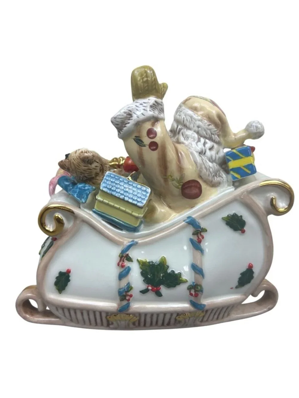 Waterford Holiday Heirlooms Georgian Santa Sleigh Ceramic Candy Jar Gold Rim Lid
